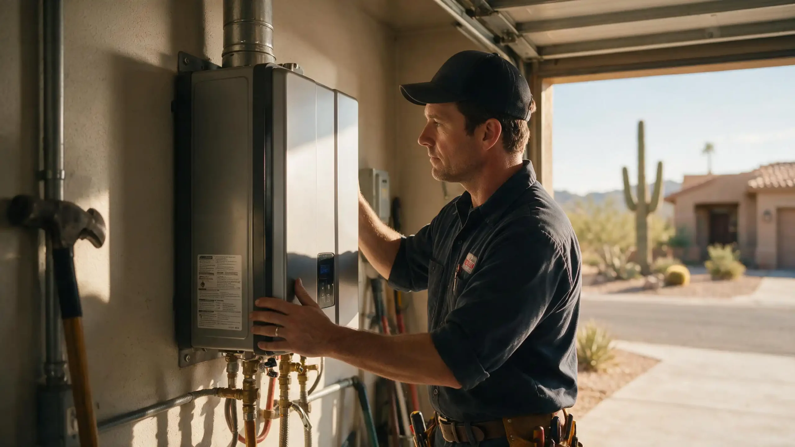 Plumbing technician preparing repair equipment before a Yuma service call