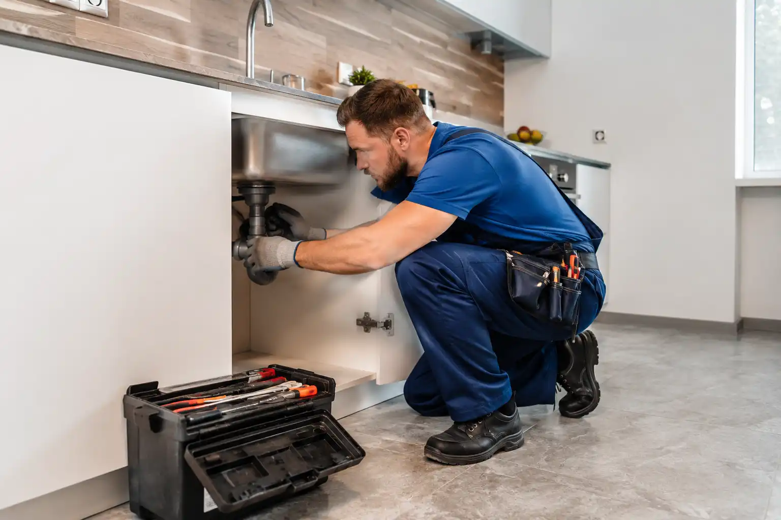 Plumber repairing a garbage disposal under a kitchen sink